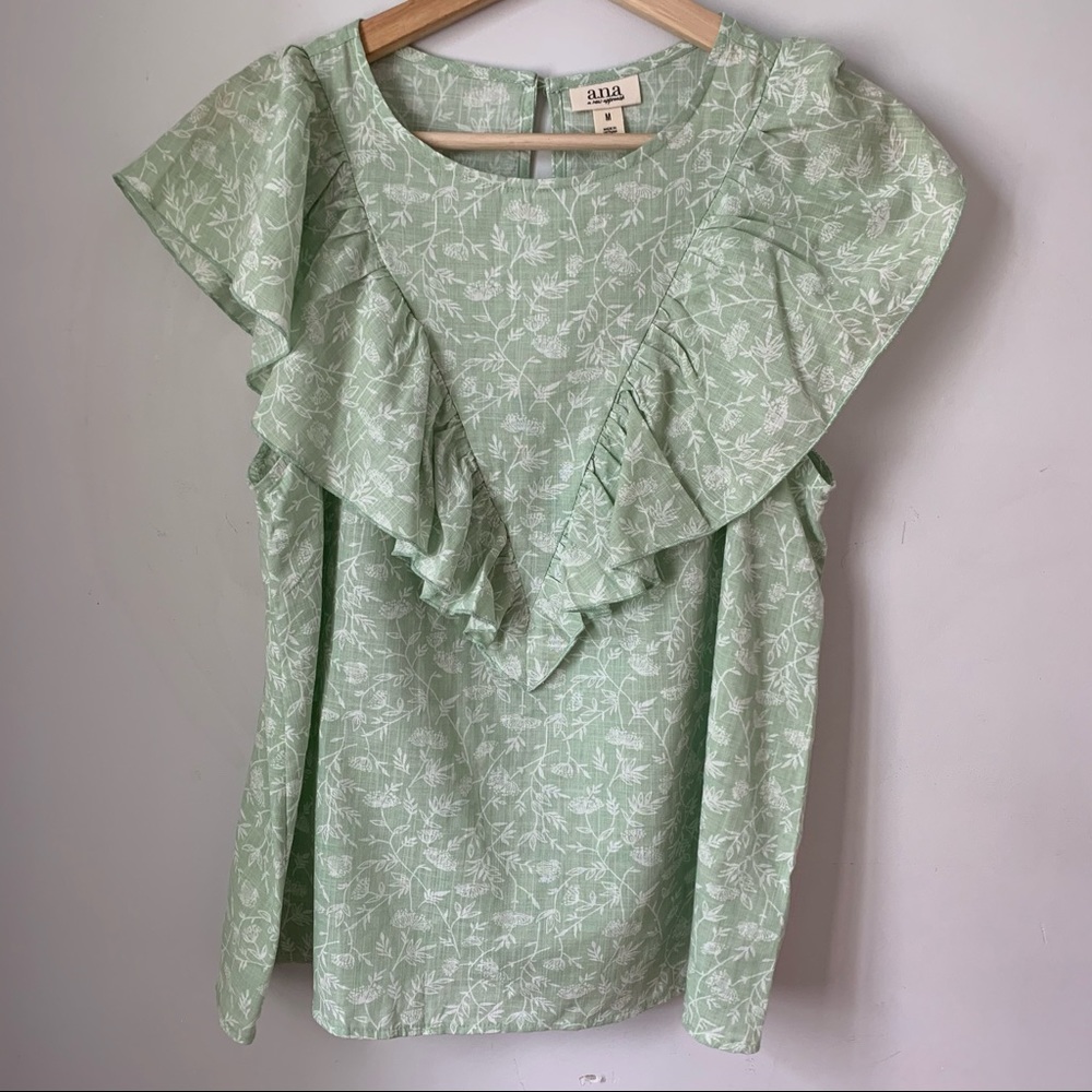 Ana Ruffle Blouse Top Floral Green Womens Size Medium